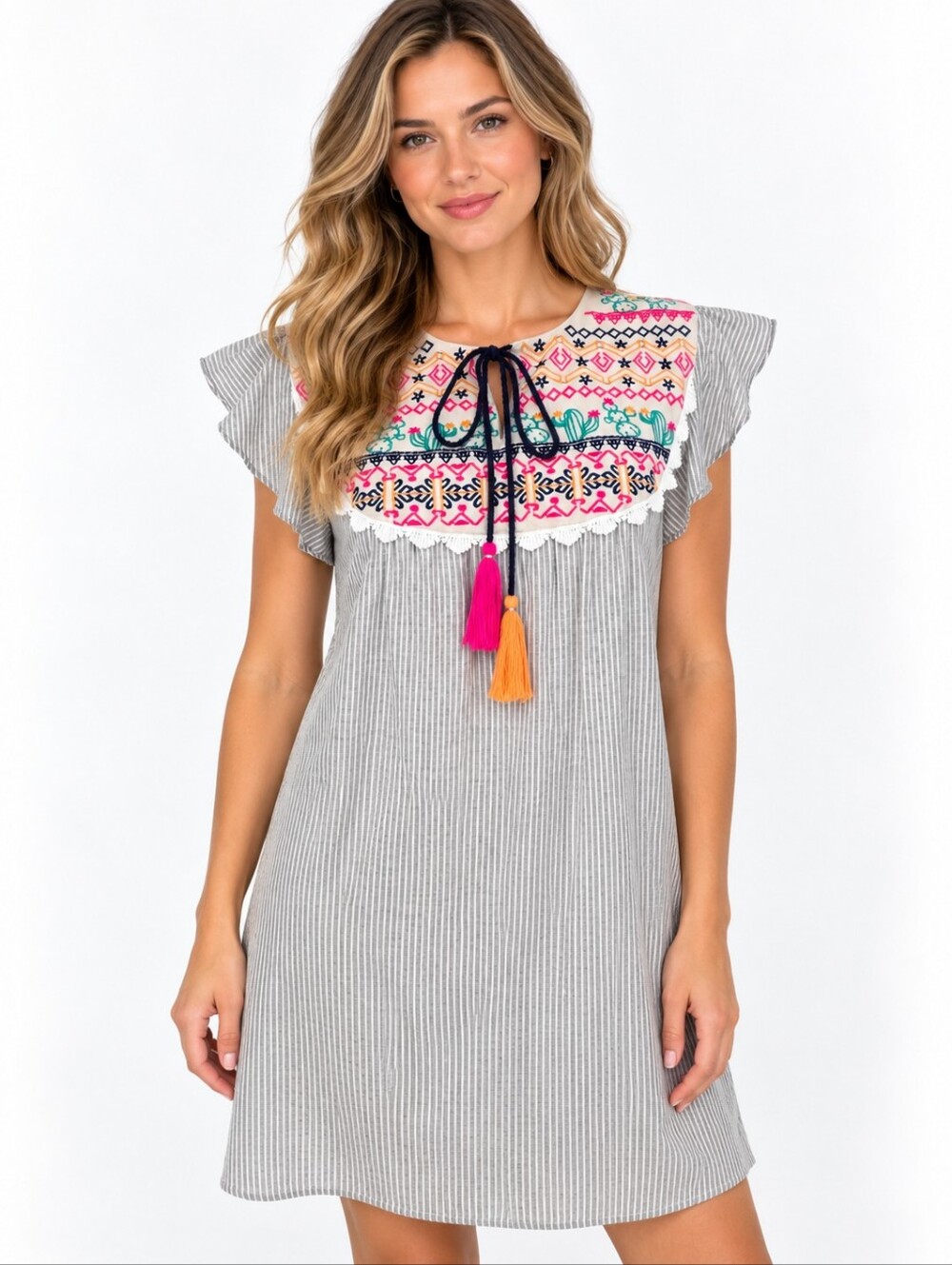 THML Embroidered Striped Shift Dress Womens Small Tassel Boho Flutter Sleeve